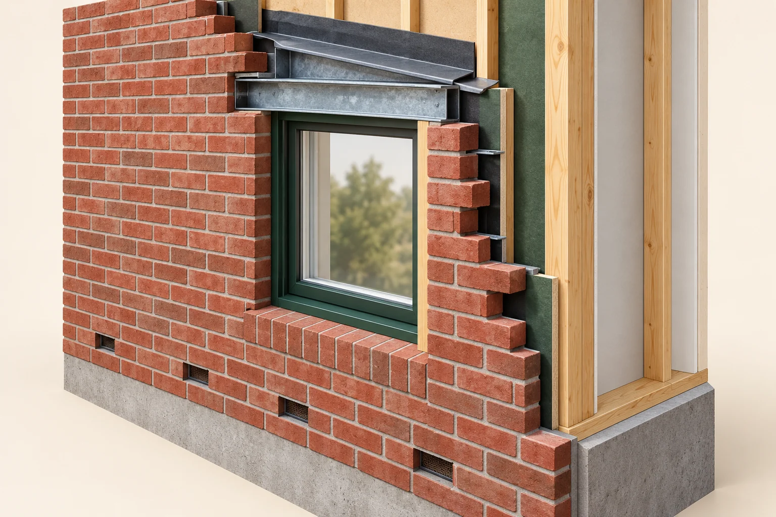 Original three-dimensional cutaway shows red brick around a window, exposed metal for the support lesson and a separate folded metal layer for the flashing lesson above the opening, with back-up timber and insulation at the cut edge. Model openings and small metal elements are illustrative; no sized lintel, installed flashing connection, tie schedule or tested drainage route is established.