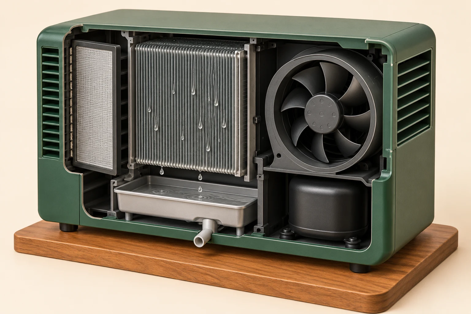An original conceptual cutaway shows a mesh filter at the left, a central finned surface with droplets, a round fan at the right, a lower pan and outlet, and a closed dark cylinder at the lower right. No airflow arrows or complete refrigerant loop are drawn.