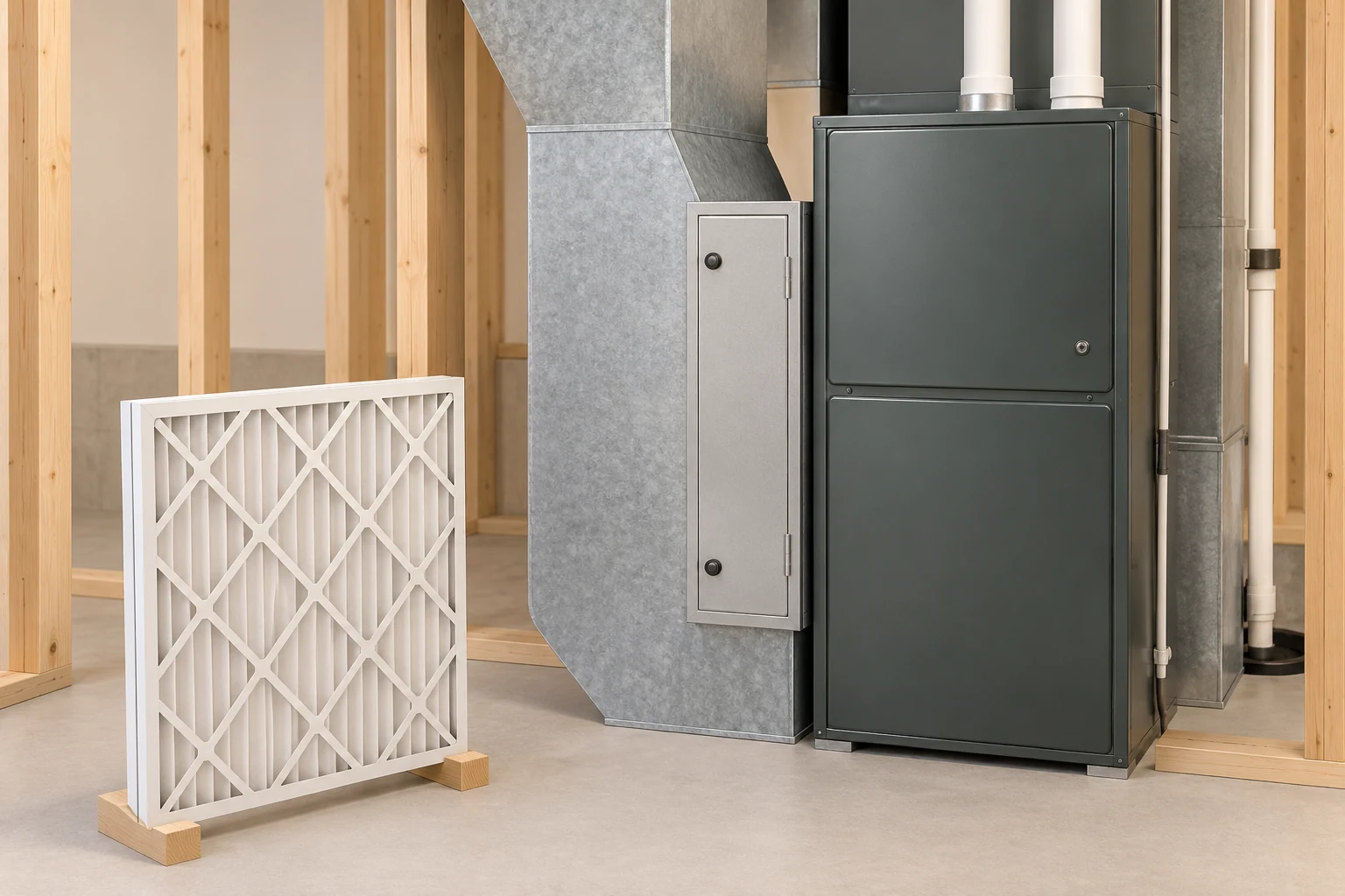 Conceptual timber utility-space cutaway with a detached pleated-filter sample, a narrow closed rack door and closed charcoal heating equipment