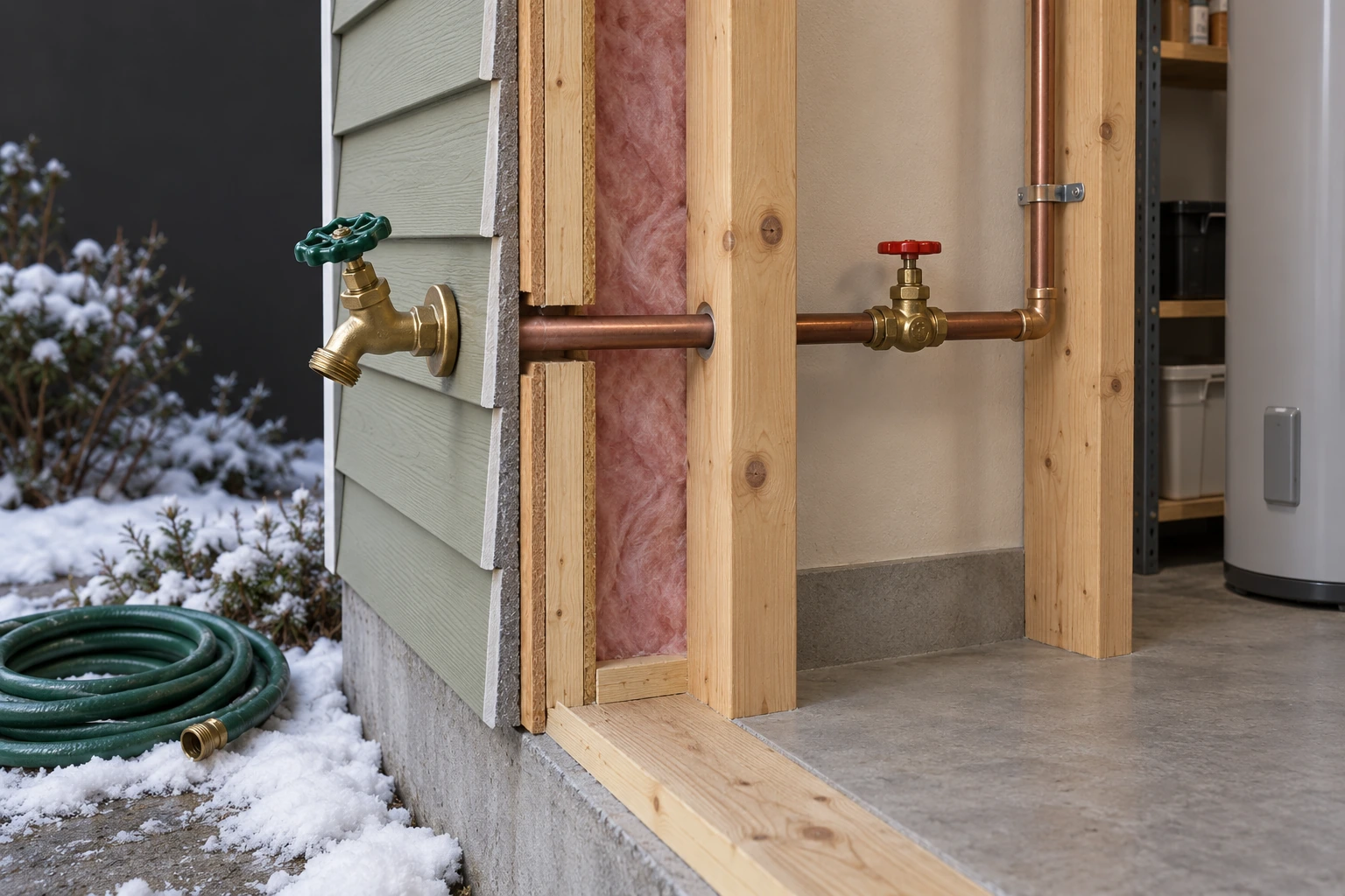 An outside tap with bare hose connection, separately coiled disconnected hose and a branch through a cutaway wall to an indoor valve.
