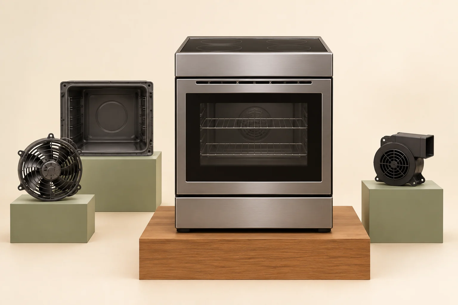 Fictional closed electric-range display with dark cooktop circles, glass front and narrow upper vent landmark, flanked by an independent empty cavity and round fan specimen on the left and a separate enclosed fan-like specimen on the right.