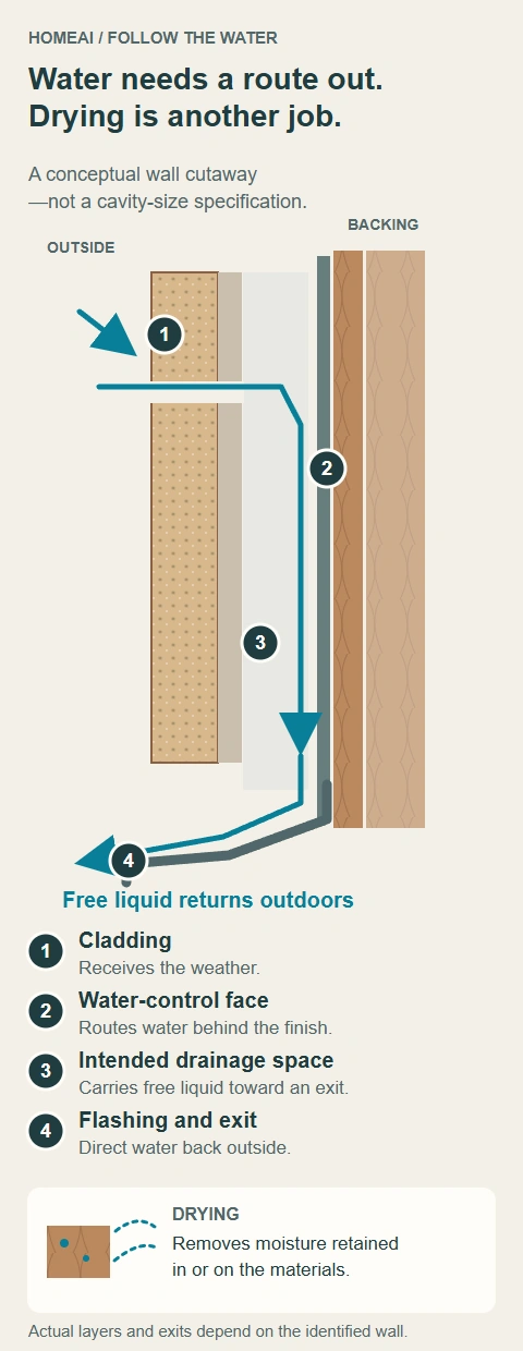 Labelled wall-section diagram follows water behind the outer cladding toward a flashing exit, then separately describes moisture drying from the wall materials.