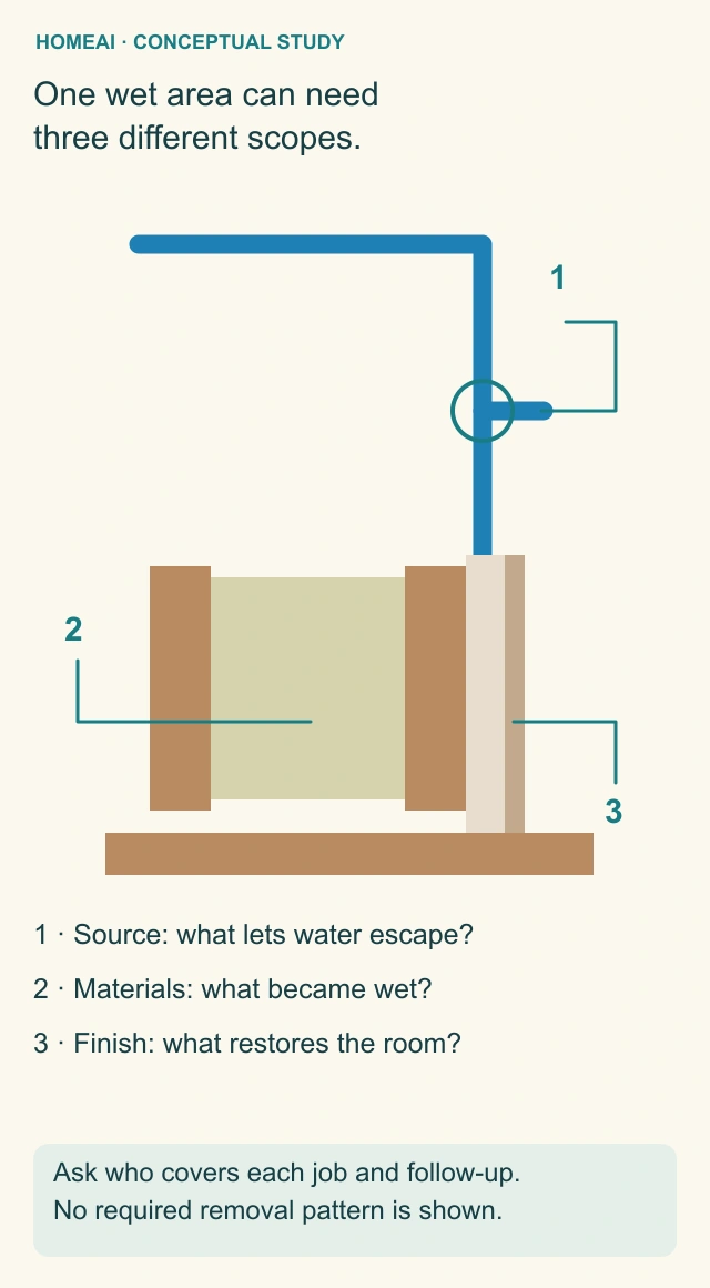 Conceptual wall and floor cutaway identifies a supply component, surrounding wall materials and the outer finish as separate possible assessment and work scopes.