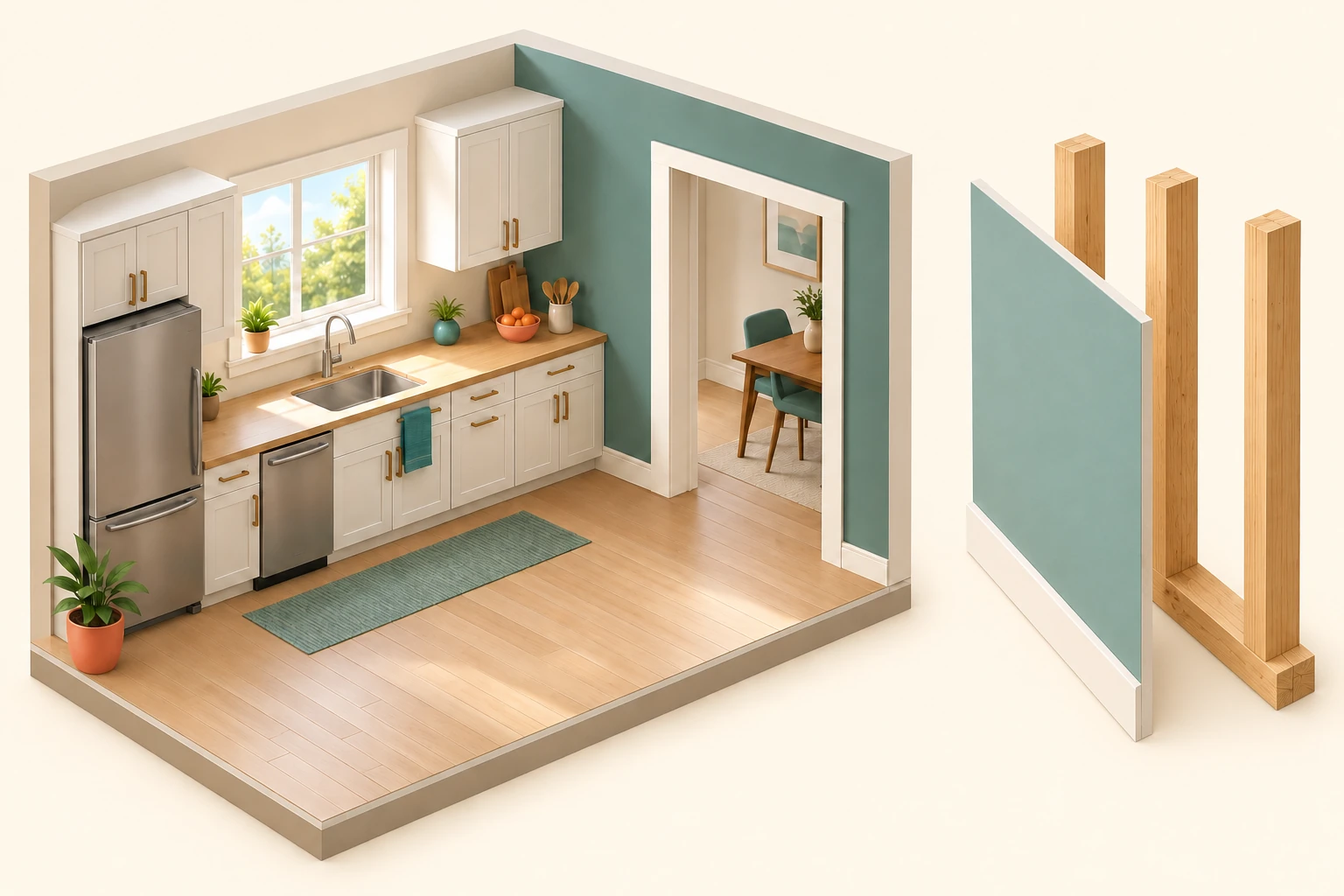 Finished kitchen with cupboards, sink and side-wall opening sits beside a separate simple painted-wallboard and timber-stud specimen.