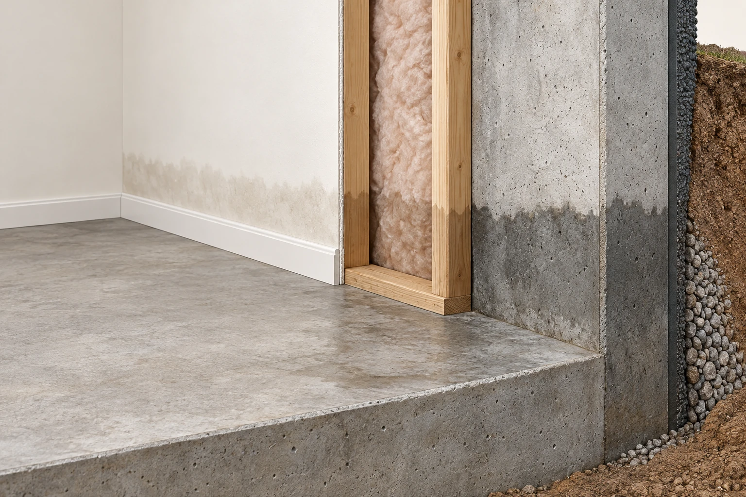 Gypsum, timber, insulation and concrete form separate parts of the conceptual wall/floor junction. A visible face cannot establish the condition of every concealed layer.