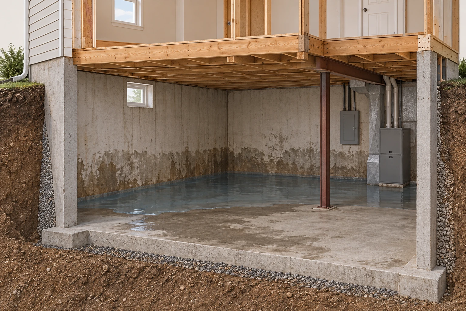 The water area, lower finishes and closed utilities share one basement. Water removal, affected assemblies and utility assessment therefore need connected but distinct scopes.