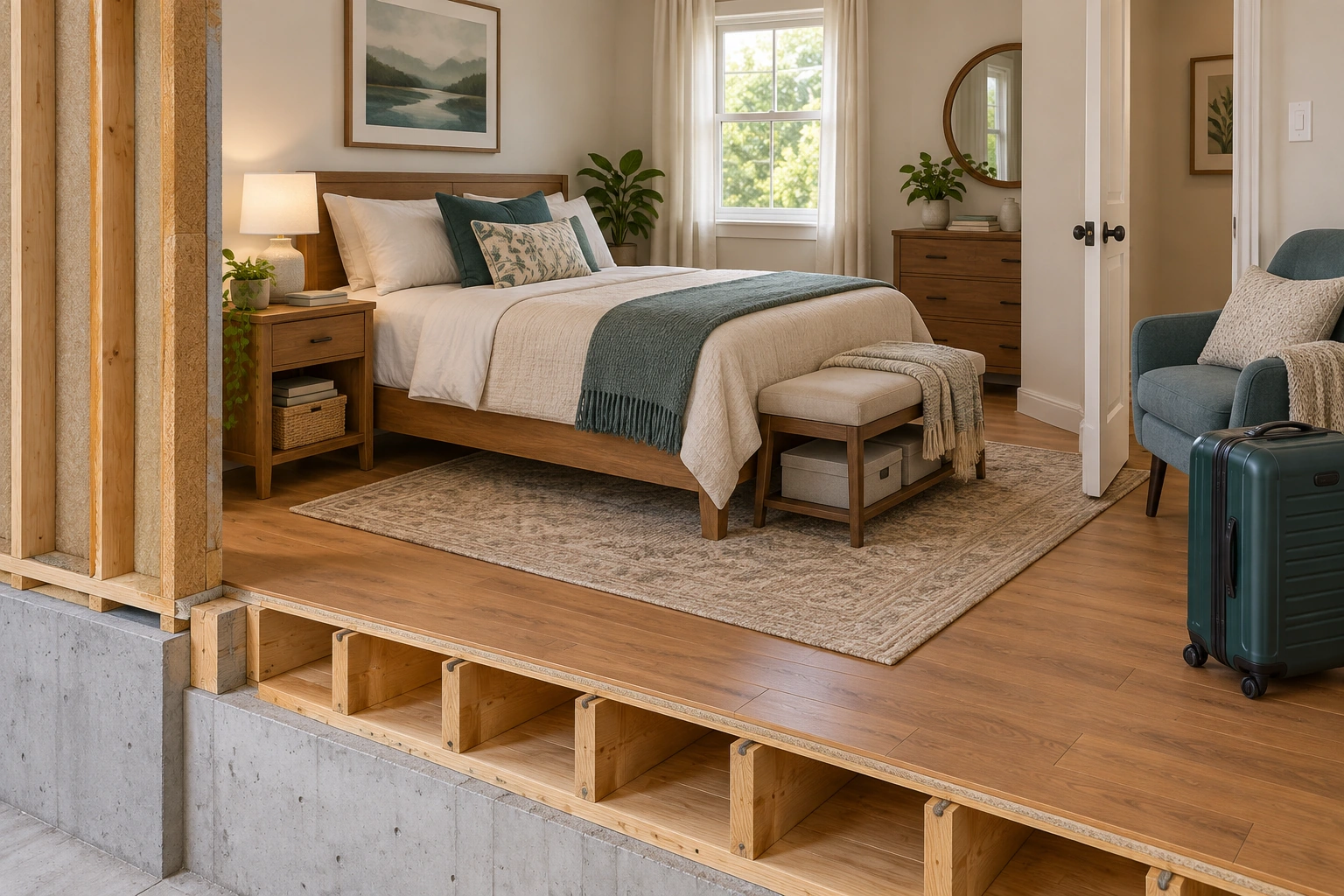 The bed, bedside furniture, chair and suitcase share a bedroom. These separate objects explain why a professional inspection and movement plan can concern more than the top of the mattress.