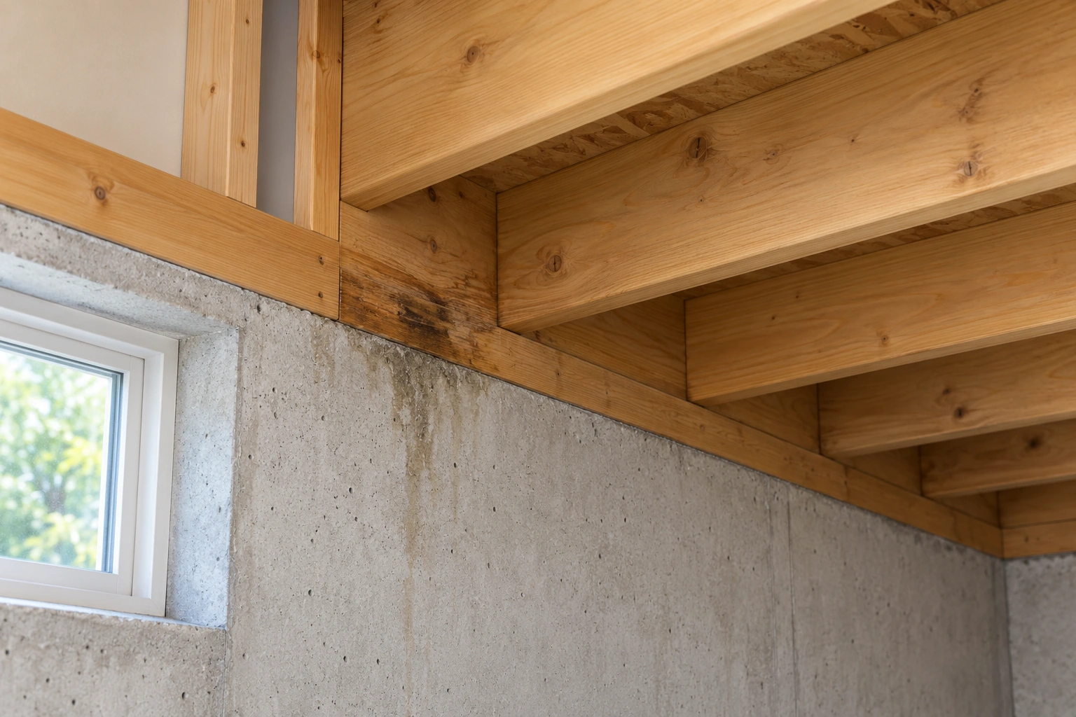 The accessible timber/concrete corner includes a subdued stain. A damp history can be relevant to wood-associated insects, while source, activity and material condition remain separate assessments.