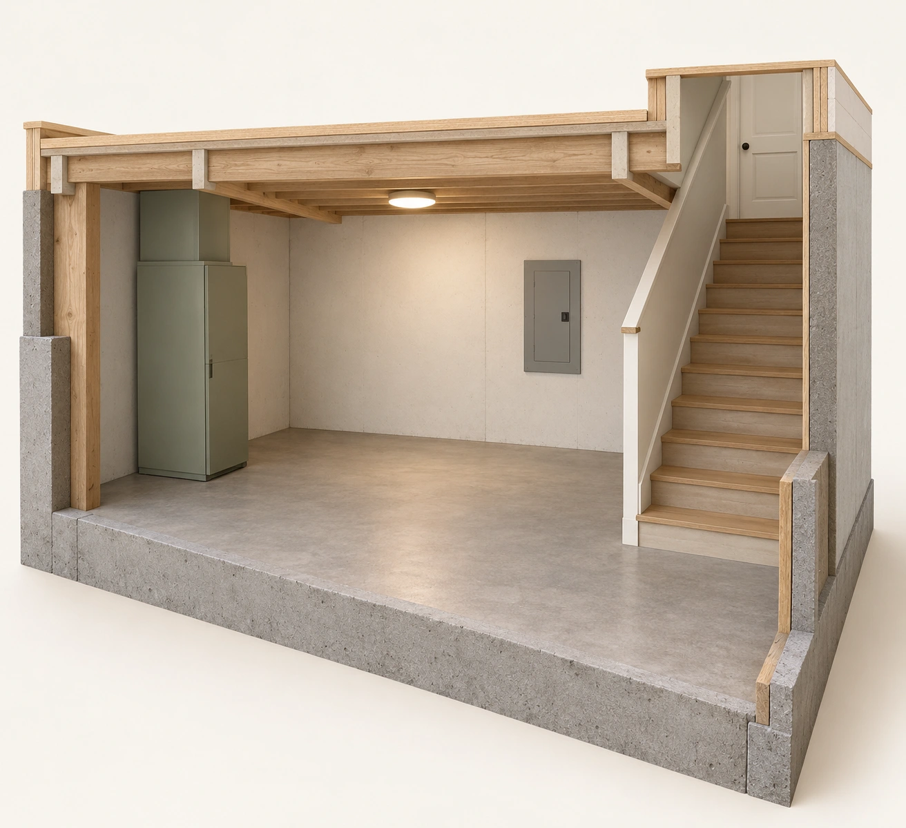 Basement cutaway contains a closed tall cabinet, closed electrical panel and stair; no exposed conductor or pipe route, no model or service identity established.