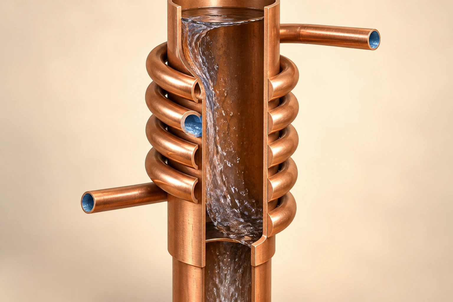 Sectioned conceptual copper drain-water heat exchanger: used water in a central passage, a separate exterior coil with blue water visible at cut sections, and solid metal between the passages.