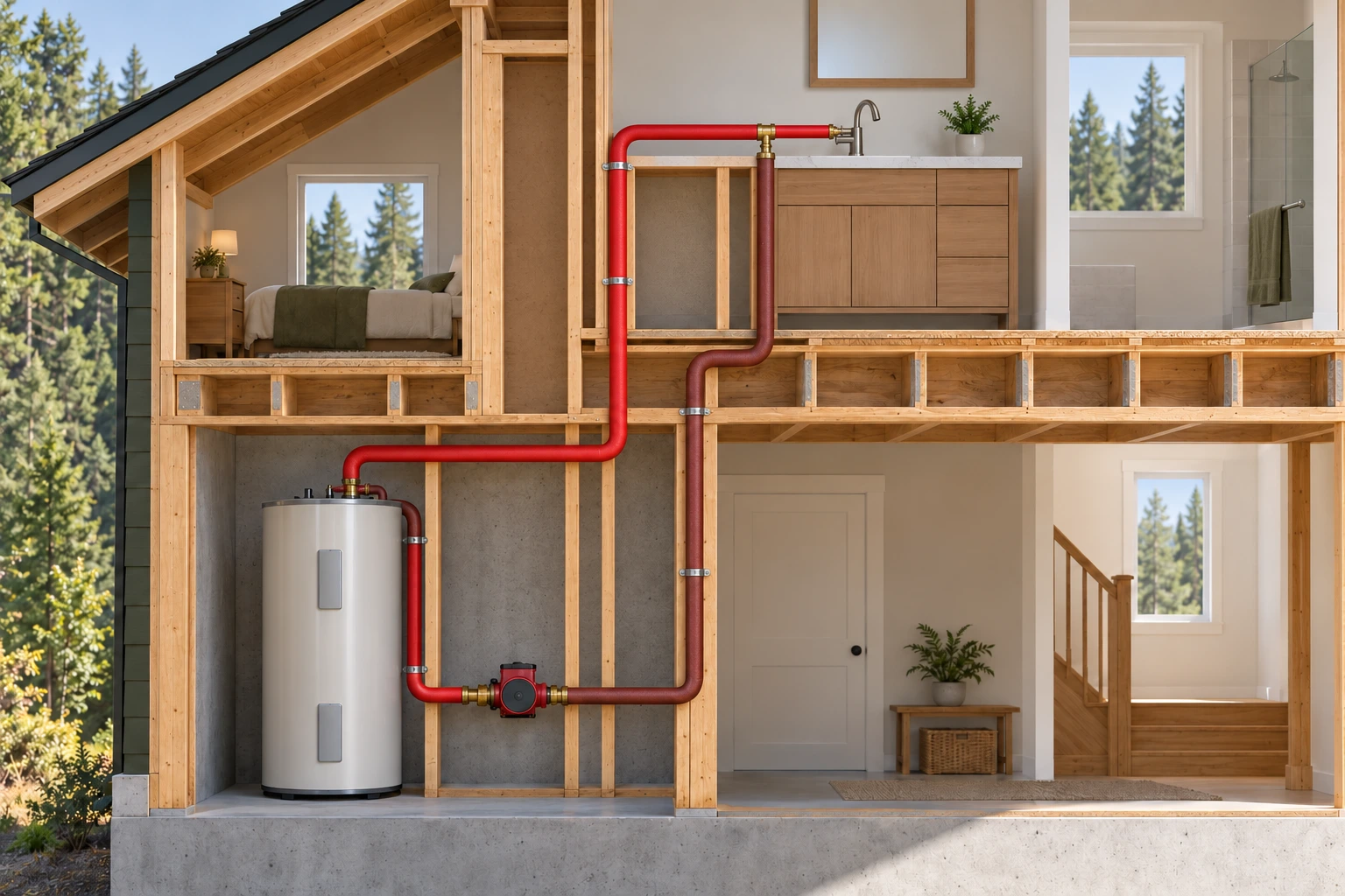Two-storey timber house cutaway with a closed heater downstairs, red pipe rising to an upstairs tap branch, brown return and a small circulator completing the drawn loop.