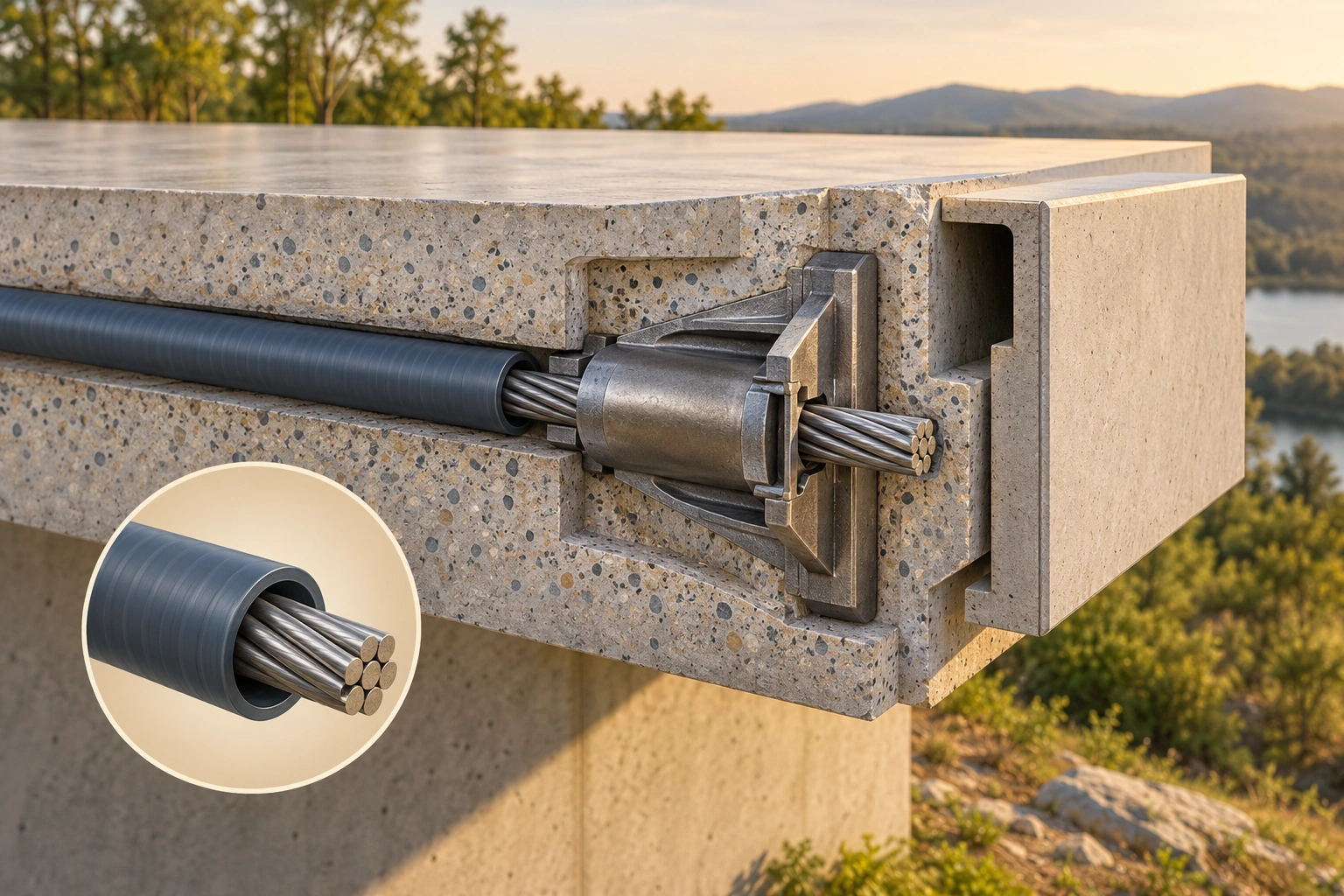 An anchorage transfers the tendon force into concrete. The close-up shows steel passing from a sheath into a conceptual embedded anchorage, with a separate end cover shown beside the recess. An inset exposes the steel-and-sheath relationship.