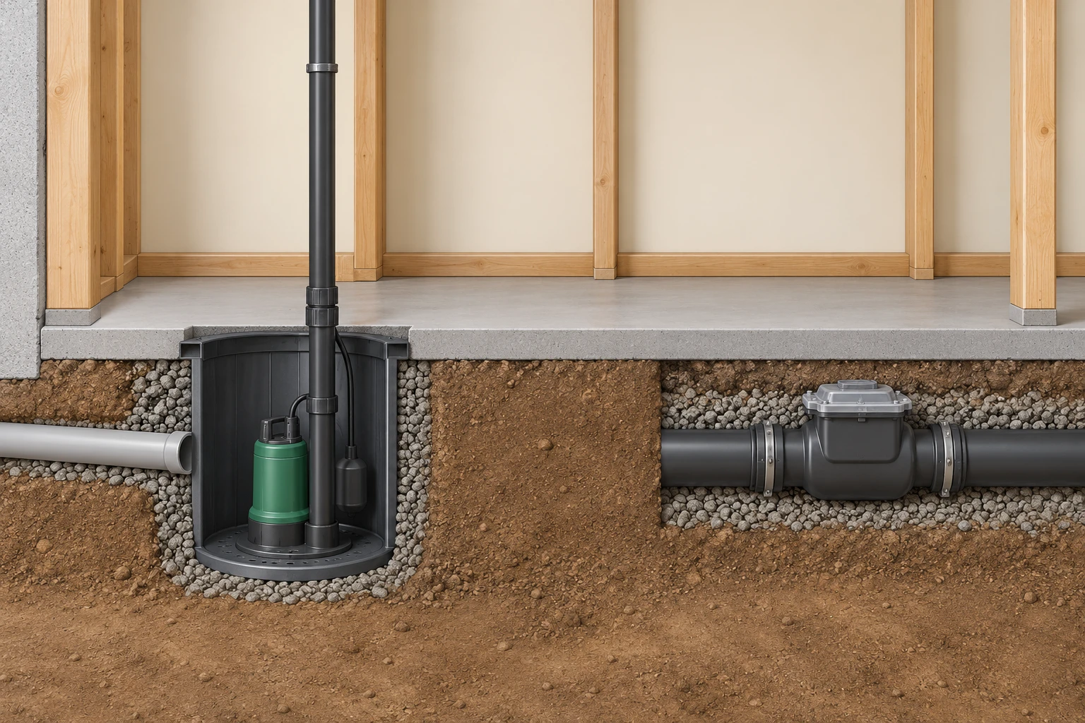 A dry basement cutaway shows a pump and rising pipe in a collection pit, separate from a horizontal drain with a closed valve housing.