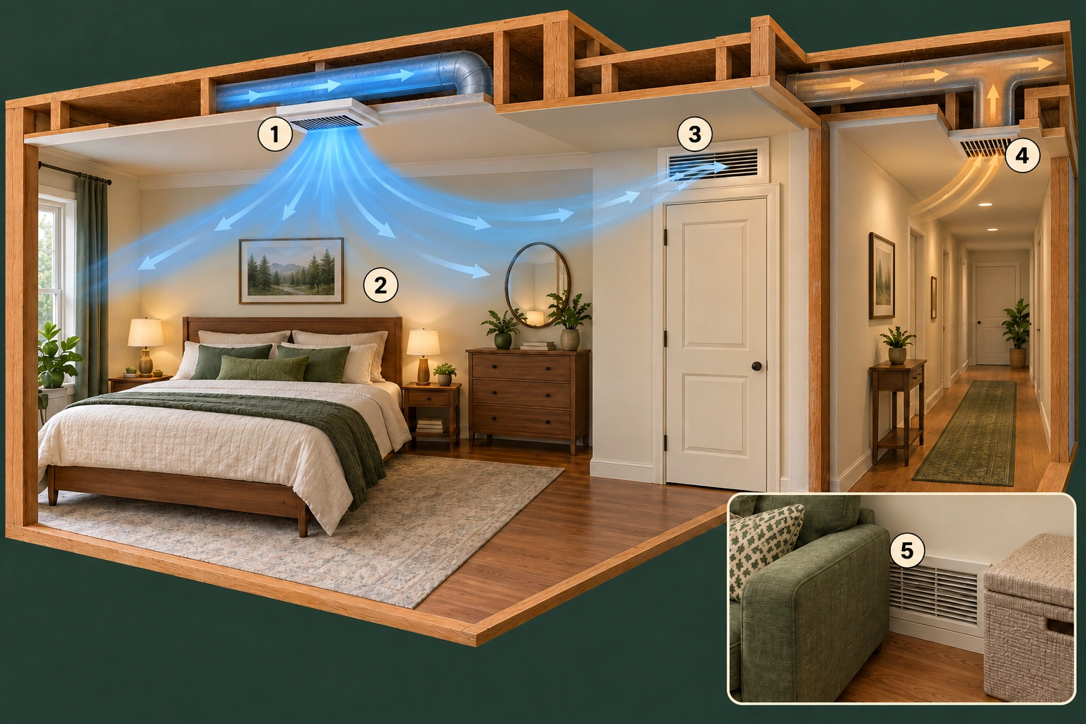 Bedroom and hallway cutaway following air from a room grille through an intended transfer route toward collection.