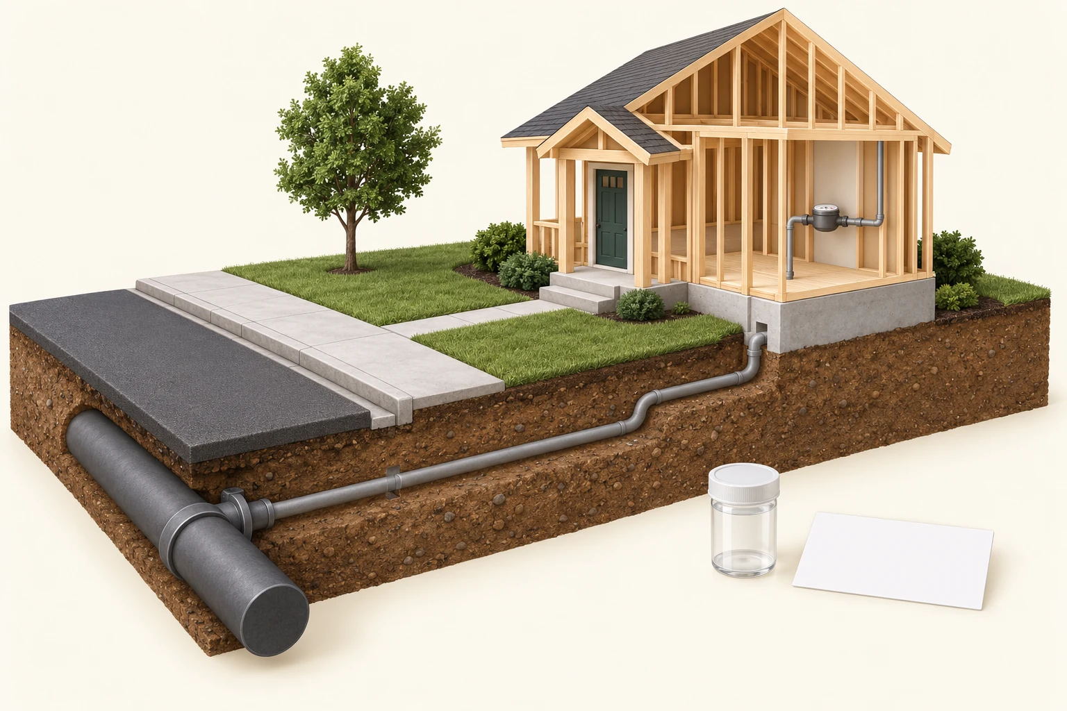 Illustrative soil cutaway showing a large street water main, a smaller service pipe crossing the yard into a timber-framed house, an indoor water meter, an empty sample jar and a blank record card