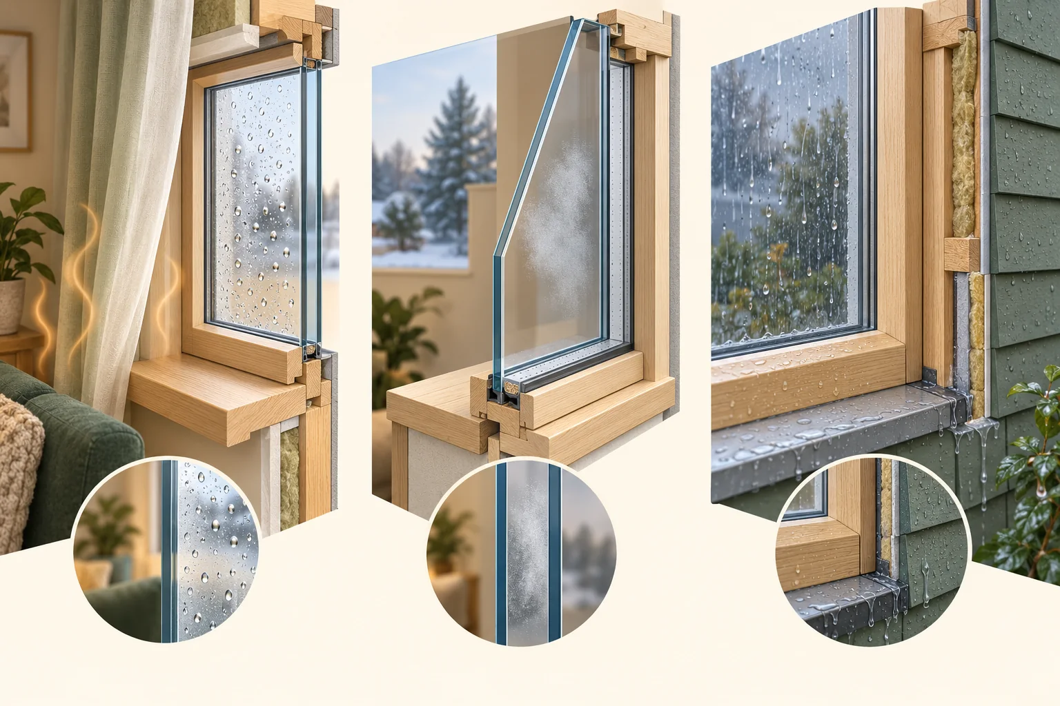 Three illustrative glazing views distinguish room-side droplets, an exposed between-pane haze and an exterior wet window/frame.